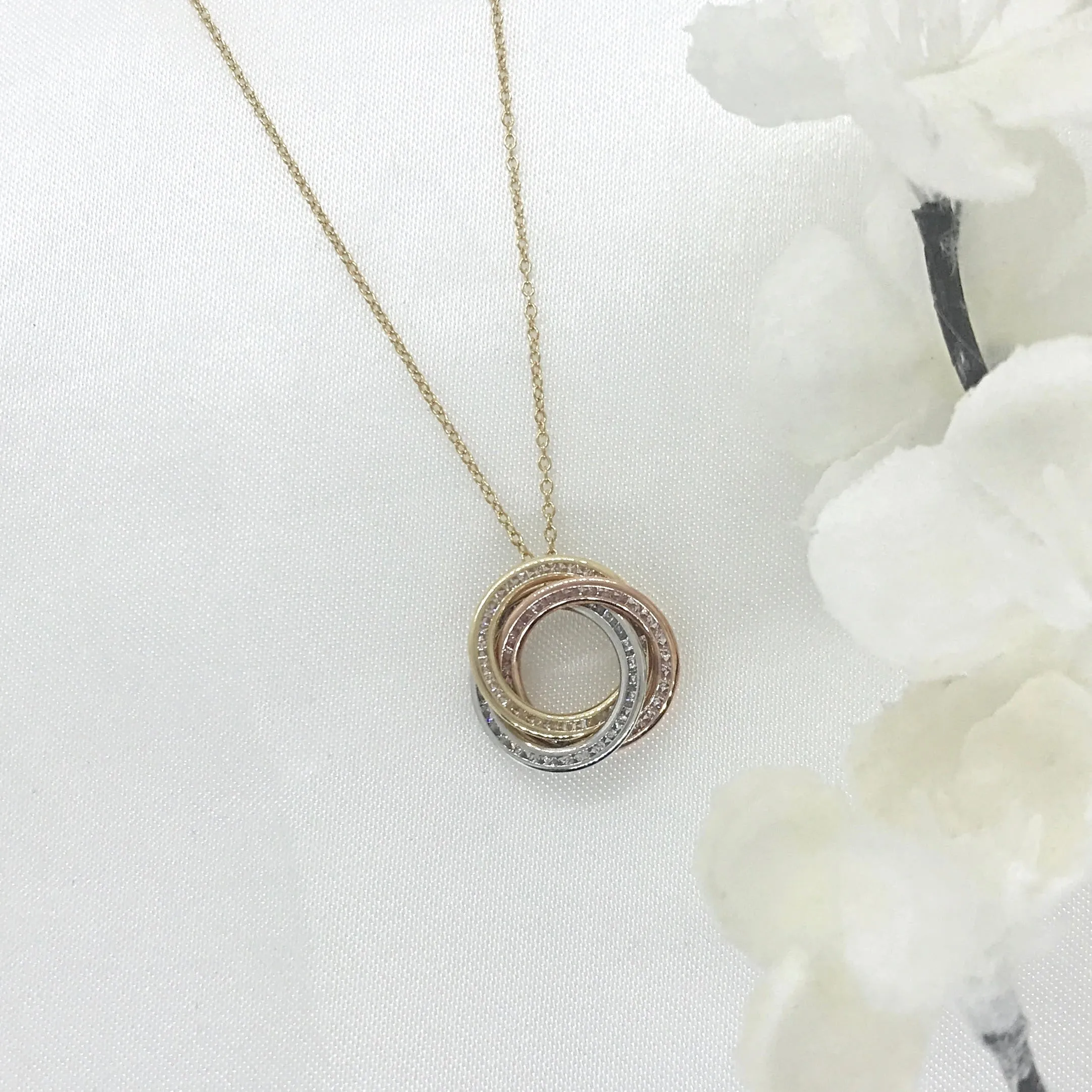 10k Gold CZ Tri Color Circle Necklace