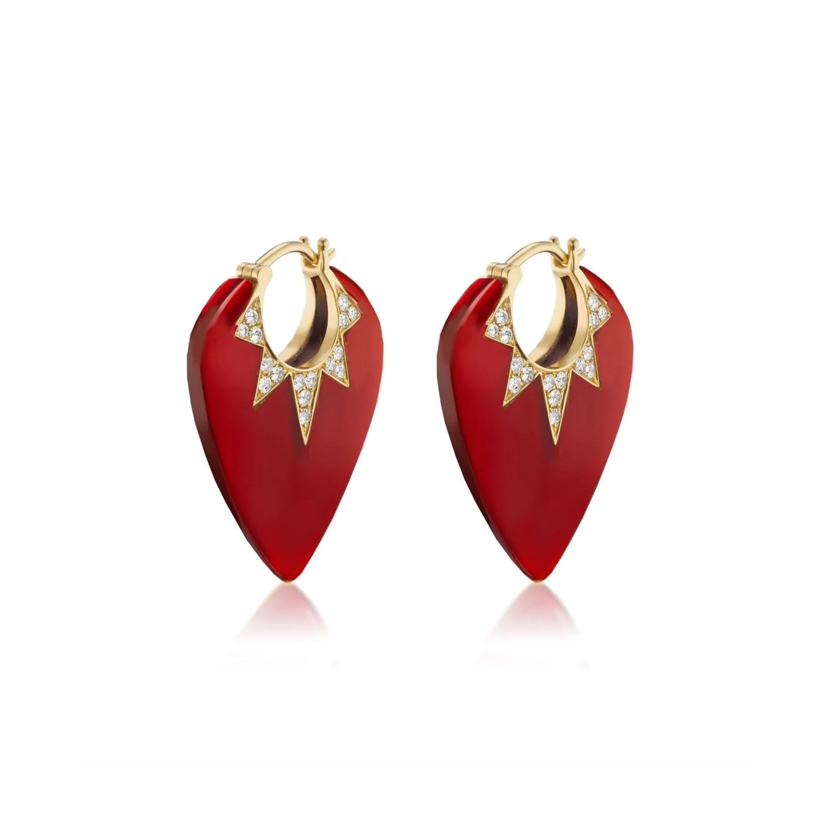 18K Yellow Gold Guitar Pick Carnelian and Diamond Earrings