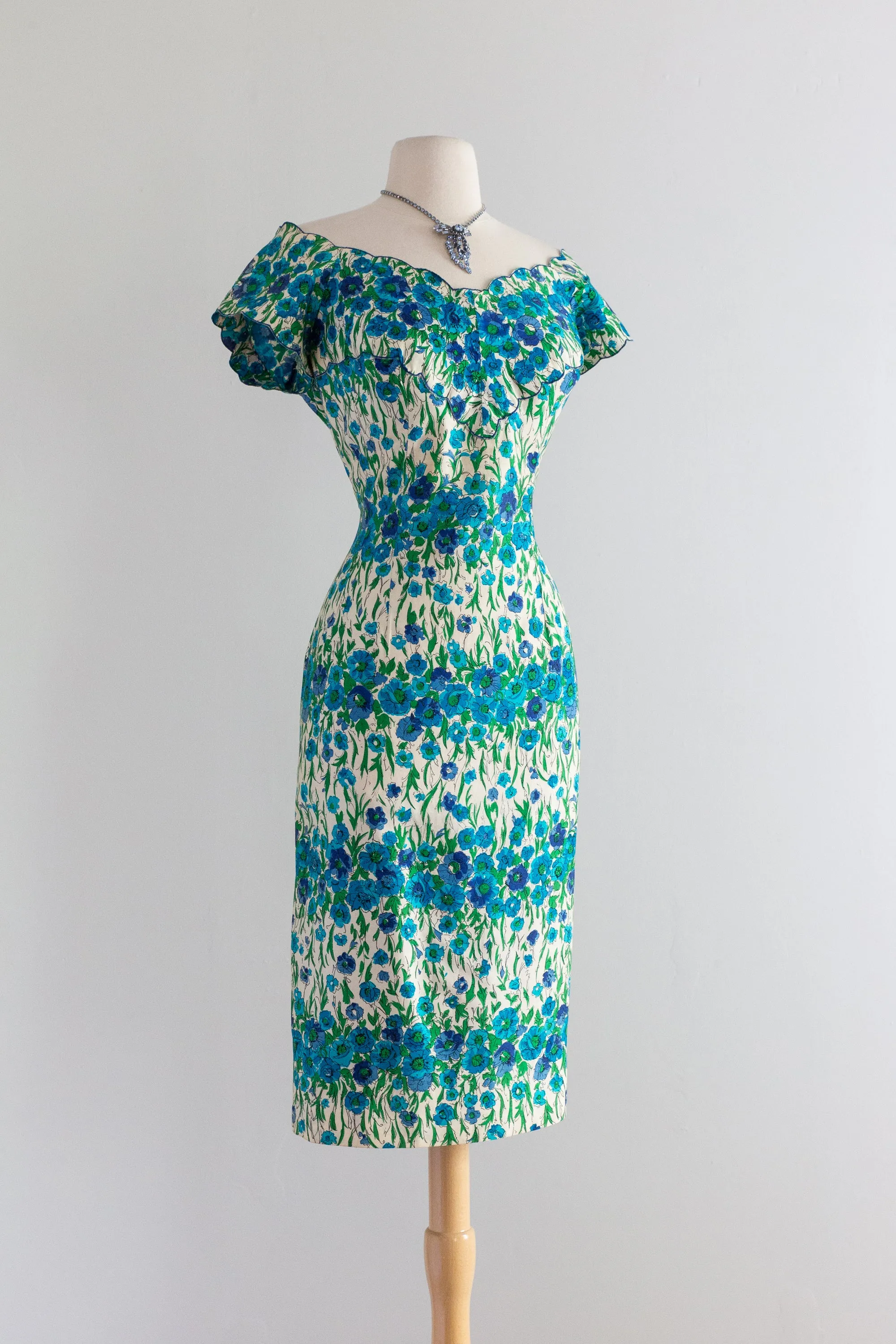 1950's Don Loper Saffron Cotton Floral Print Wiggle Dress / Waist 27