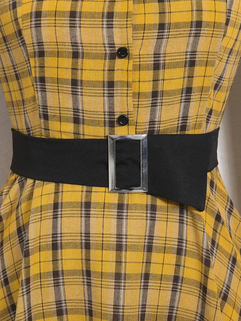 1950S Yellow Plaid  Vintage Dress With Belt