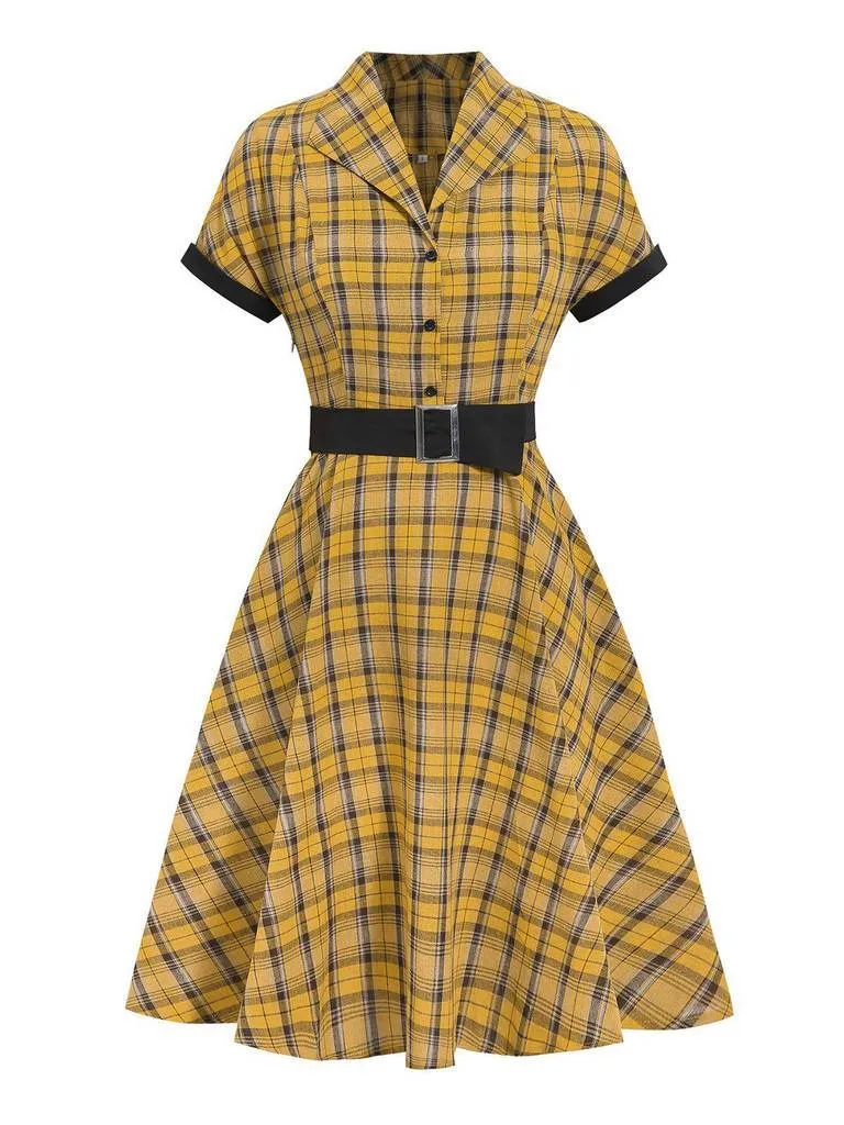 1950S Yellow Plaid  Vintage Dress With Belt