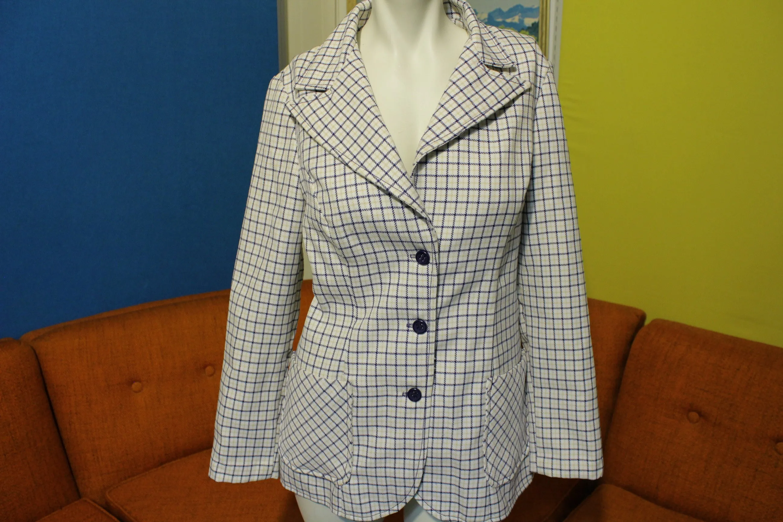 Alex Colman California Vintage 70's White Plaid Women's Suit Jacket Blazer.