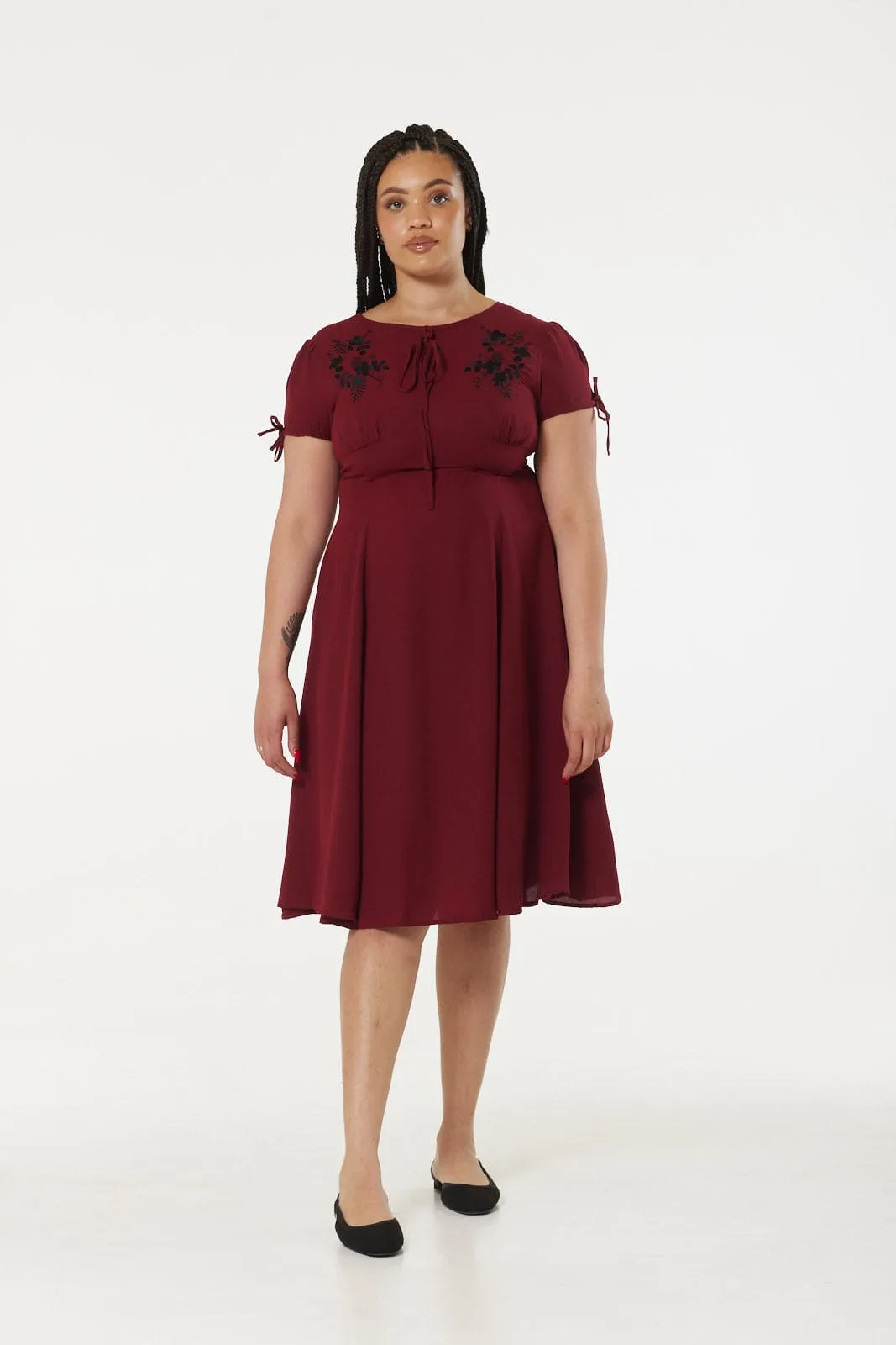 Ava Burgandy Midi Dress hand embroidery and Empire Waist