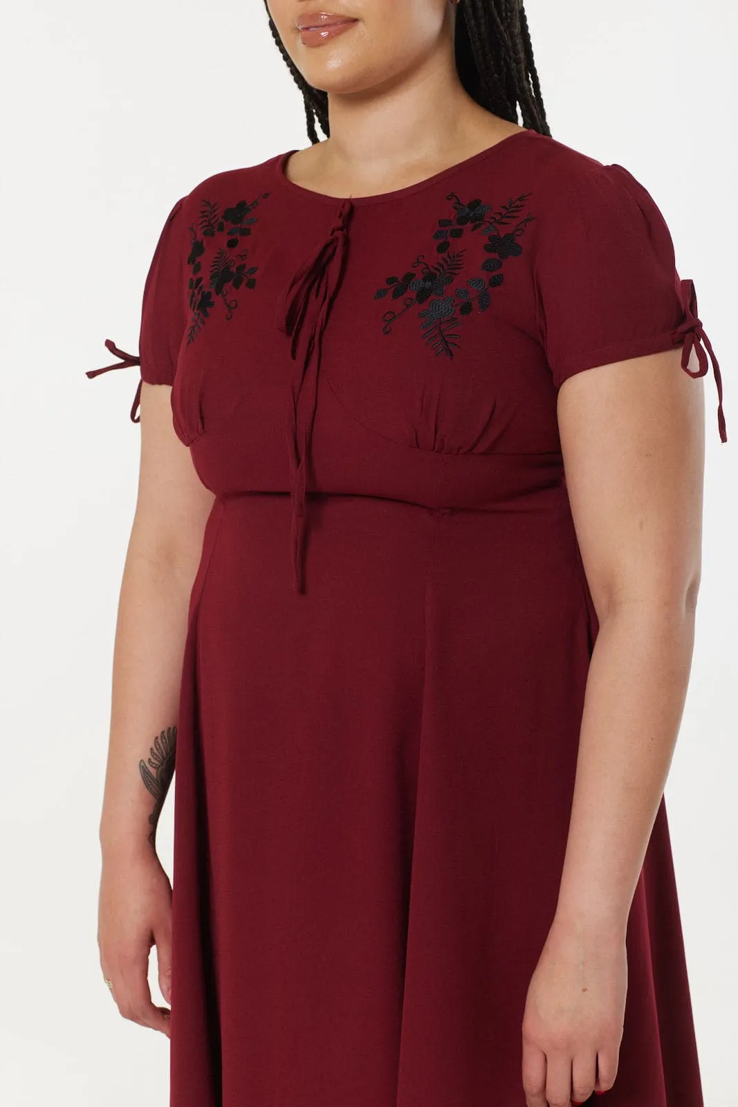 Ava Burgandy Midi Dress hand embroidery and Empire Waist