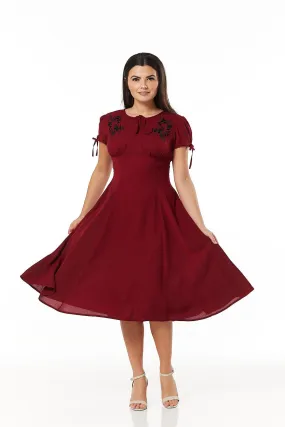 Ava Burgandy Midi Dress hand embroidery and Empire Waist