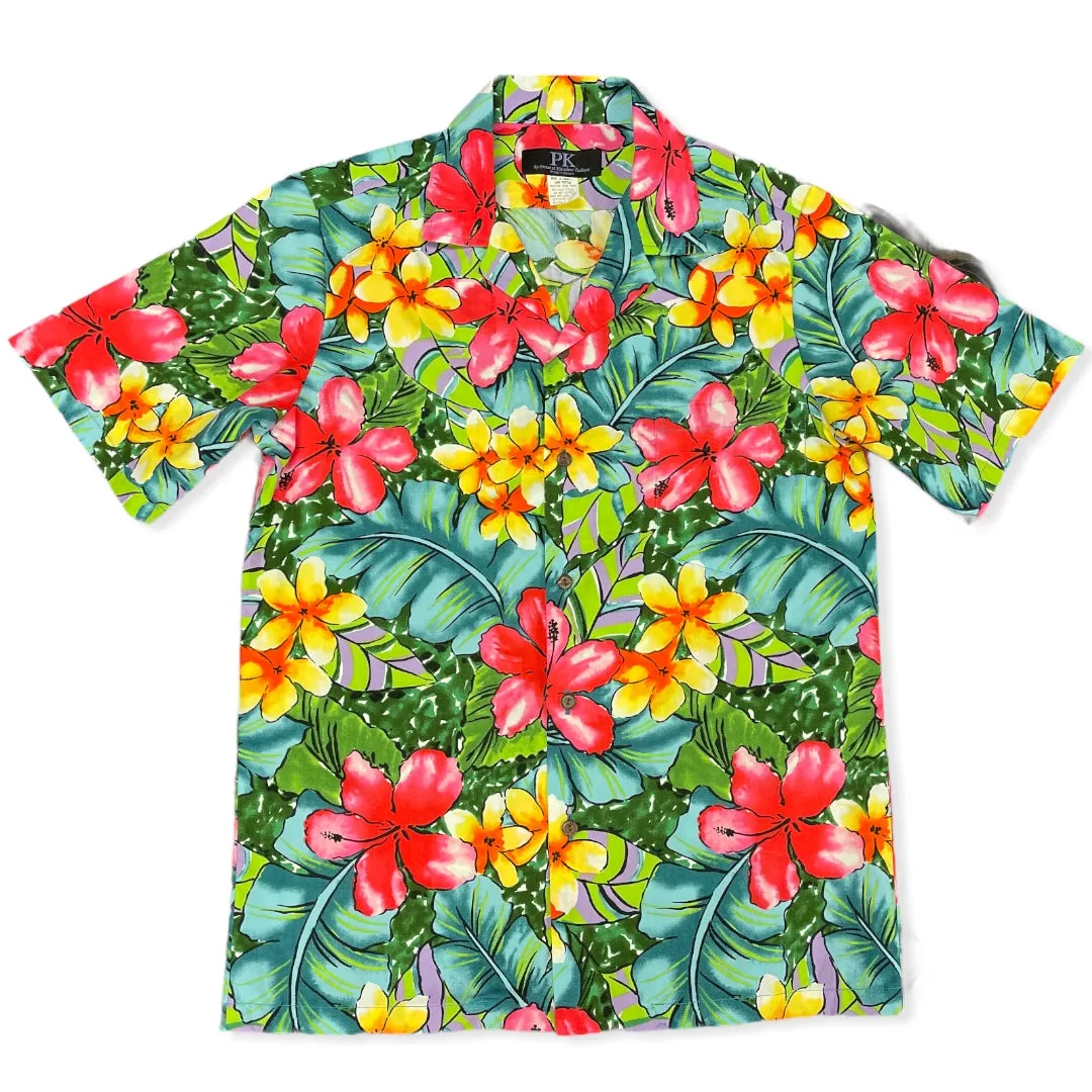 Colorful Water Color Hibiscus Print Hawaiian Shirt | Pink and Blue