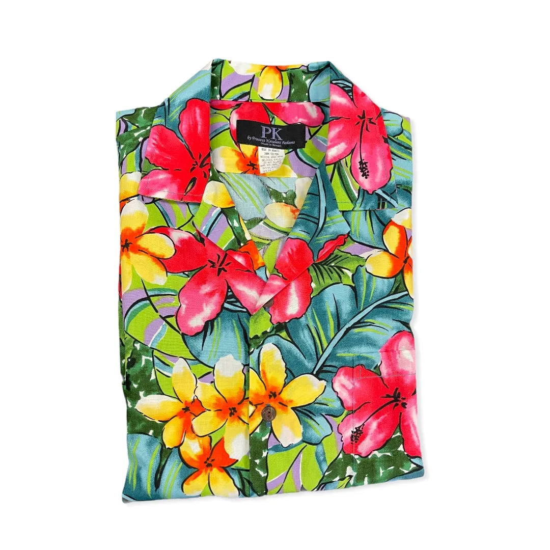 Colorful Water Color Hibiscus Print Hawaiian Shirt | Pink and Blue