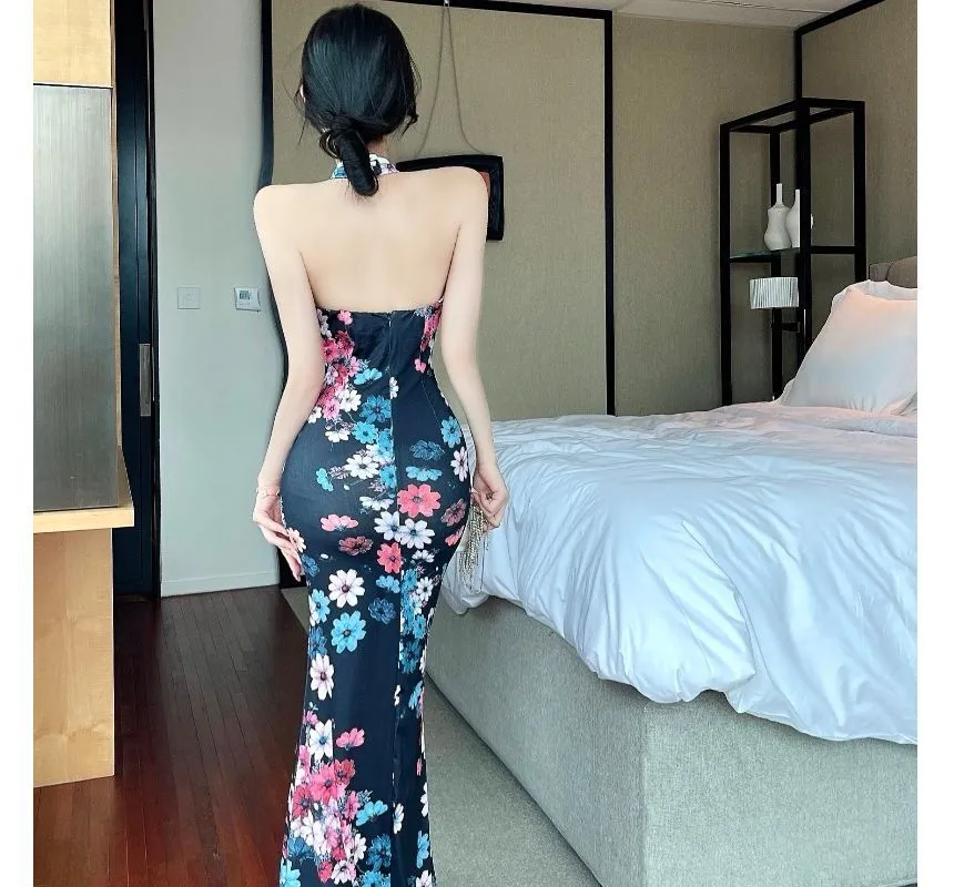 Halter Neck Keyhole Floral Print Slit Maxi Bodycon Dress aa32