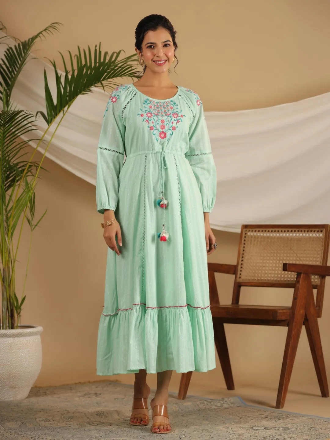 Juniper Green Floral Embroidered Cotton Dobby Tiered Maxi Dress With Kaudis & Colourful Tassels