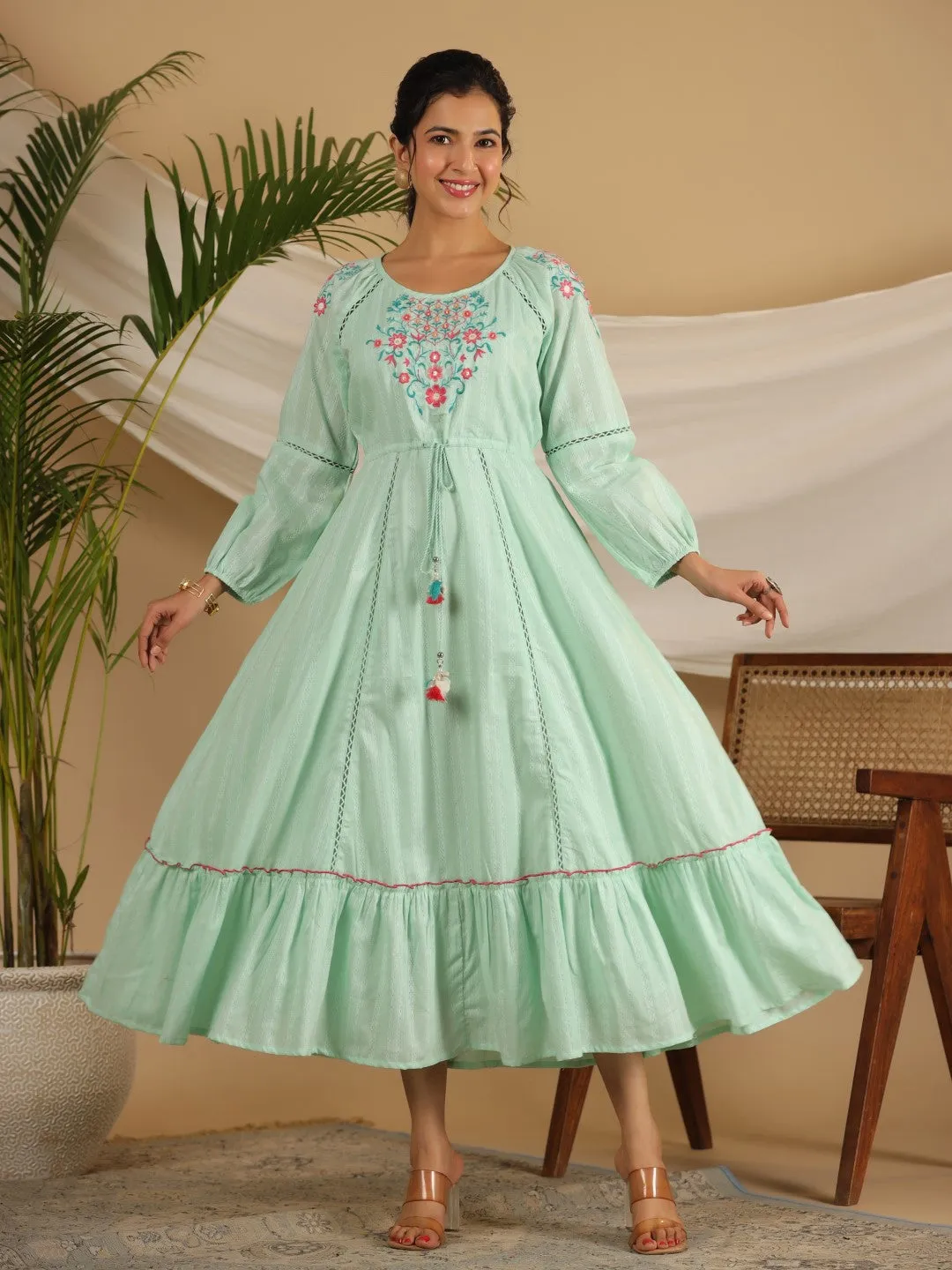 Juniper Green Floral Embroidered Cotton Dobby Tiered Maxi Dress With Kaudis & Colourful Tassels