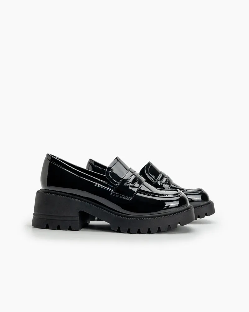 Matte and Patent Leather Penny Chunky Platform Slip-on Loafers