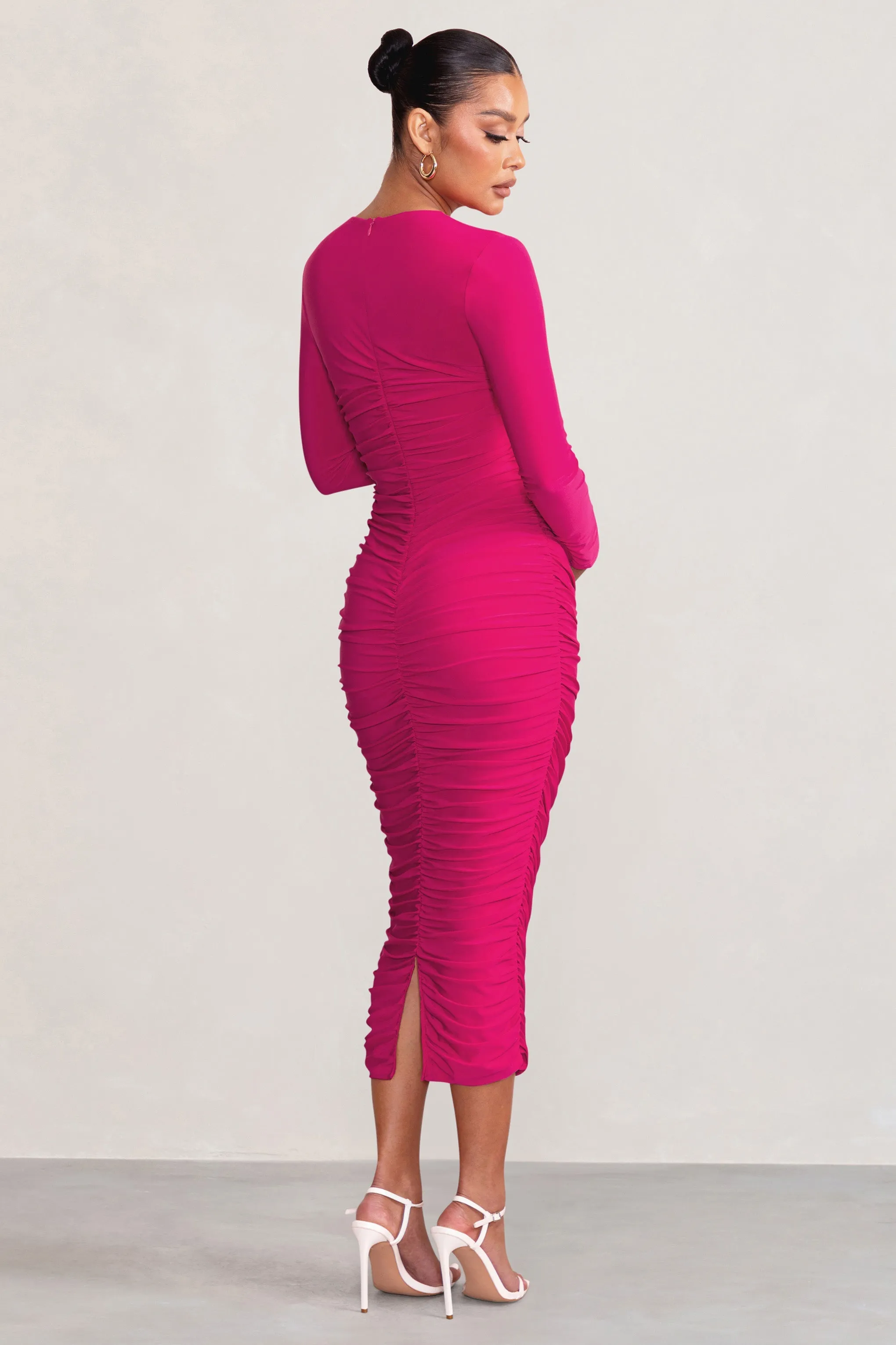 Renee | Hot Pink Twist Front Plunge Maternity Midi Dress with Long Sleeves