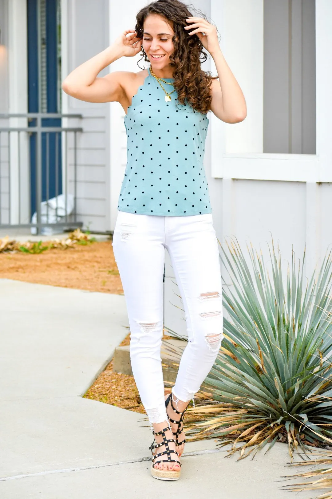 Say I Won't Light Teal Polka Dot Halter Top