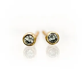 Tiny Gray Salt & Pepper Diamond Bezel Set 14kY Gold Stud Earrings, Ready to Ship