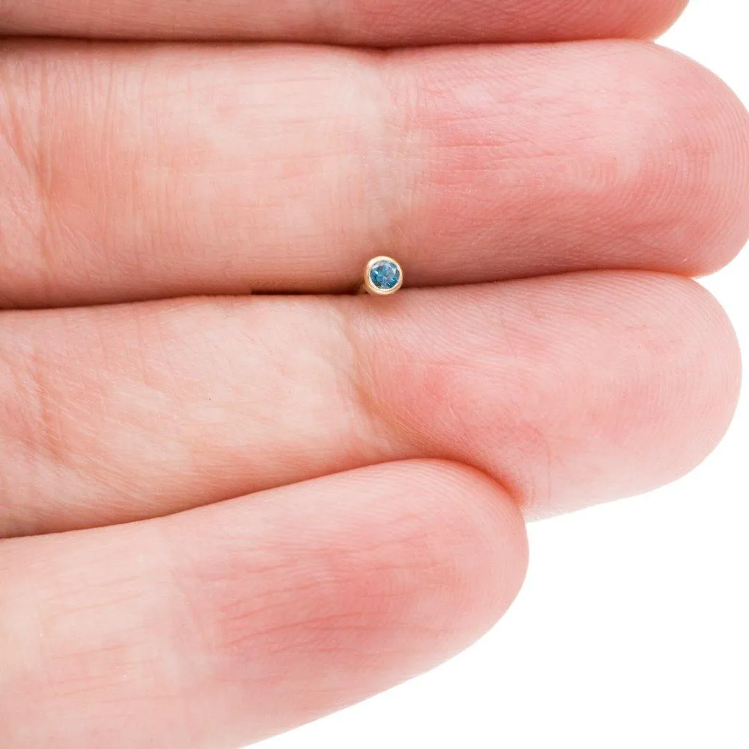 Tiny Teal Blue Diamond Bezel Set  Gold or Platinum Single Stud Earring