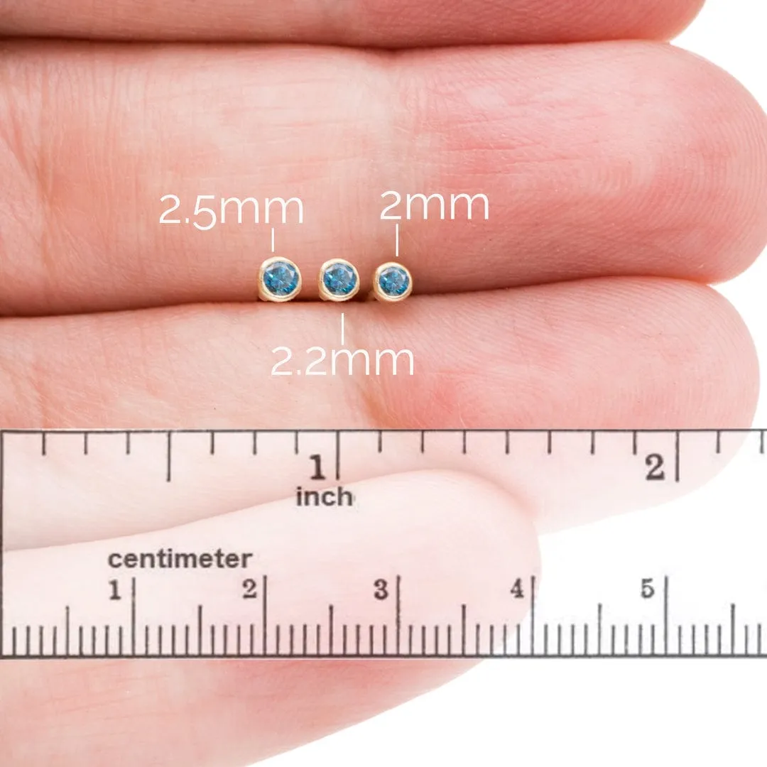 Tiny Teal Blue Diamond Bezel Set  Gold or Platinum Single Stud Earring