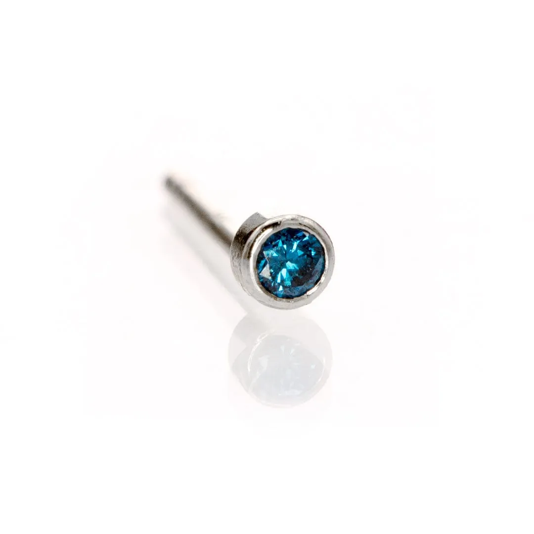 Tiny Teal Blue Diamond Bezel Set  Gold or Platinum Single Stud Earring