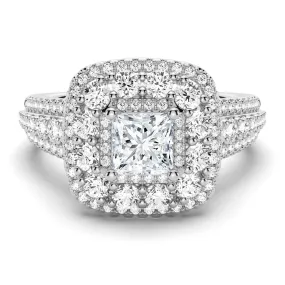 Triple Halo Vintage Princess Cut Moissanite Ring With Triple Row Pave Band