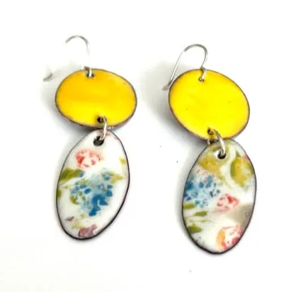 Yellow Disk and Oval Floral Enameled Earrings